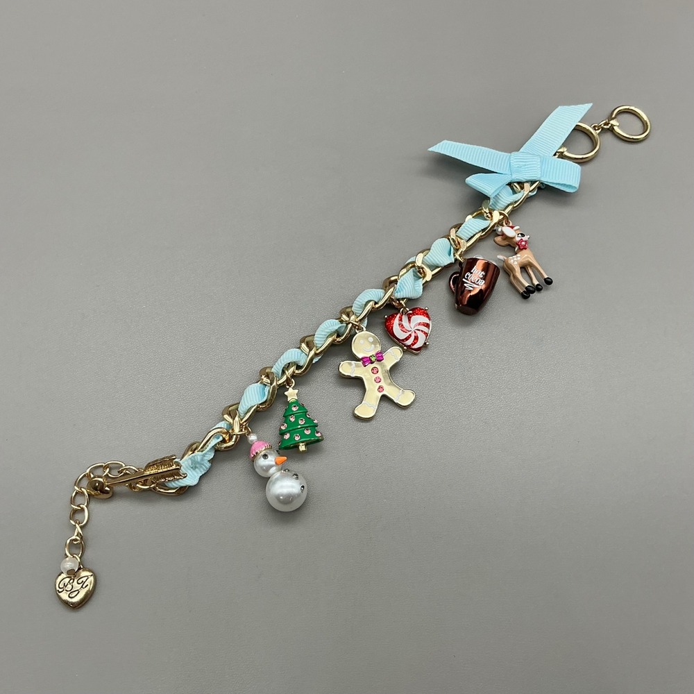 Betsey Johnson Charm Bracelet Blue Gold Tone Christmas Holiday Gingerbread Charm